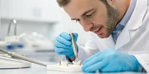 A dentist practices placing a dental implant on a model during a hands-on CE course.