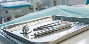 Sterile instruments for a hands-on implant placement course on a clinical tray.