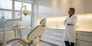 Dentist in a modern office applying skills from a dental practice management course.