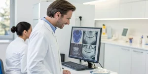 Dentist reviewing CBCT scans to pick the best implant planning course.