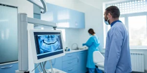 Dental professionals at a seminar analyze a CBCT scan for implant treatment planning.