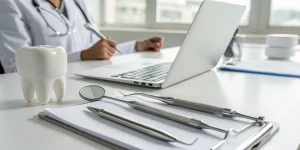 A dentist's desk set up for earning dental implant CE credits online with a laptop and tooth model.