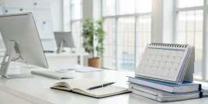 Dental practice management course materials with CE credits on an organized office desk.