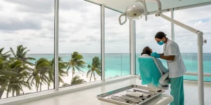 Dentist performing live dental implant surgery during a 3-day training course in Cancun.