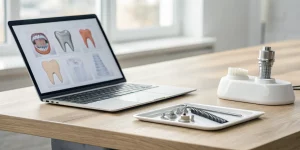 Flexible online implant dentistry training for general dentists on a laptop next to dental tools.
