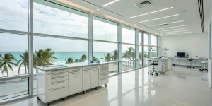 Beginner to advanced dental implant training course in a modern Cancun, Mexico clinic with an ocean view.