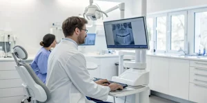 A dentist at a computer screen reviewing a digital implant workflow for training.