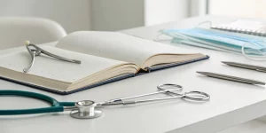 Dental tools and a notebook outlining the full arch implant course curriculum.