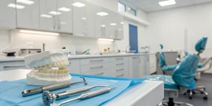 Dental model with a surgical guide for guided implant placement training.