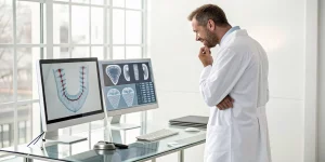 Dentist using digital scans for treatment planning in an advanced dental implant course.