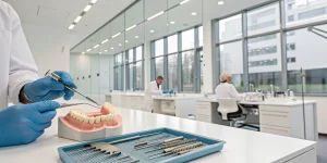 Dentist in a hands-on CE course practicing on a dental implant model.