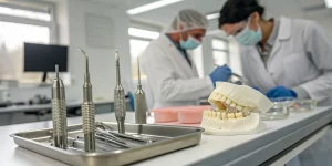 Dentists practicing on a jaw model at a guided implant surgery course.