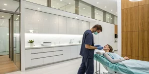 Dentist receiving personalized dental implant training through chairside surgical observation.