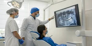 A mentor guides a dentist during an in-office chairside dental implant procedure.