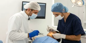 Dentist coaching a general dentist during one-on-one chairside implant surgery.