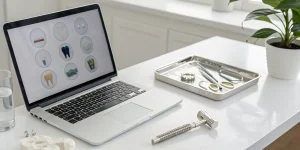 Online dental implant CE courses for dentists with continuing education credits on a laptop.