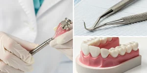 Atraumatic extraction tools on a dental model demonstrating the benefits for dental implant success.
