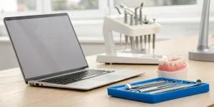 Online dental extraction CE course with a laptop, tooth model, and surgical instruments.