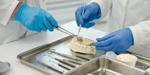 A dentist practices socket preservation during a hands-on training session.