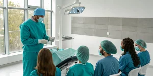 Dentist receiving mentorship during a hands-on live patient implant training course.