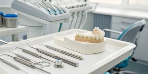 Dental model and instruments for a socket grafting procedure for general dentists.