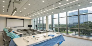 Dentists practicing at a hands-on surgical extraction workshop with modern instruments.