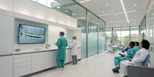 Dentist performing surgery in a hands-on live patient dental implant course.