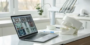 Dental jaw model and laptop with x-rays for a sinus lift course for dentists.