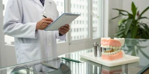 Dentist studying a dental implant model to get AGD credits for implant courses.