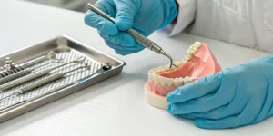 Dentist learning to place dental implants by practicing on a jaw model.