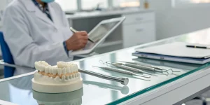 Close-up of a dental model and surgical tools for an all-on-4 implant course.