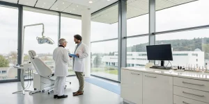 Two dentists planning how to start a dental implant practice in a modern clinic with advanced equipment.