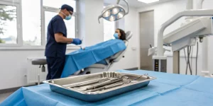 Dentist performing a procedure during a live patient extraction and implant course.