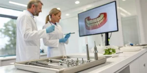 Dental professionals in a mini residency in dental implantology study implant tools and a jaw model.