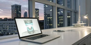 Laptop with a digital dental implant model for on-demand CE courses for busy dental professionals.