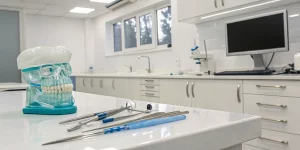 Clinical training setup for a live patient sinus lift course with surgical instruments.