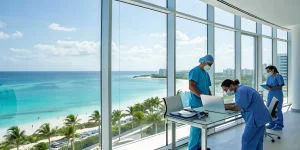 Dentists training at a live surgery course in a modern Cancún clinic with ocean views.