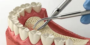 Ridge preservation procedure after extraction demonstrated on a jawbone model with surgical tools.
