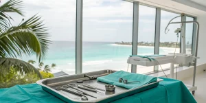 Live dental implant surgery course in a modern Cancun clinic with an ocean view.