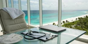 Clinician's desk with a stethoscope overlooking the turquoise ocean in Cancun, Quintana Roo.