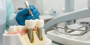 Surgical extraction techniques for dental implants using tools on a jaw model.
