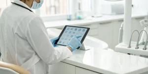 Dentist researching surgical extractions course options on a tablet.