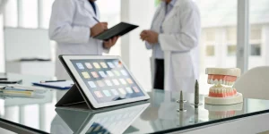 Dentists choosing dental implant continuing education courses with a tablet and implant model.