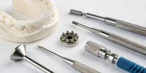 Dental implant model and surgical tools for an implant dentistry residency.