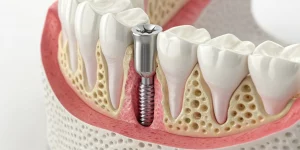 A dental implant in a jawbone maintained by socket preservation techniques for dentists.