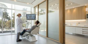A dentist and patient discuss the procedure for dental implants.
