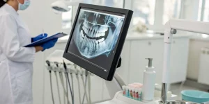 A CBCT scan on a monitor used for precise planning in implant dentistry.