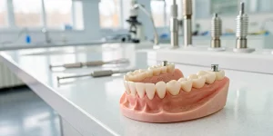 A dental model of a jaw with a full arch implant reconstruction.