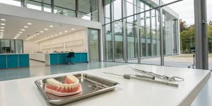 Hands-on training model and tools for a dental implant prosthodontics course.
