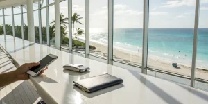 Smartphone for a Cancun travel QR code and a wallet on a desk overlooking the beach.